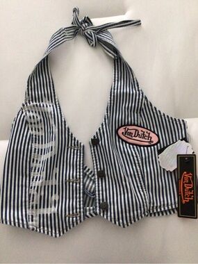 Von Dutch Navy & White Striped Halter Vest with Pink Logo Patch